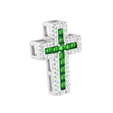 Ciondolo Croce Passante con Cubic Zirconia Verde Smeraldo in ARGENTO 925 Galvanica Rodio