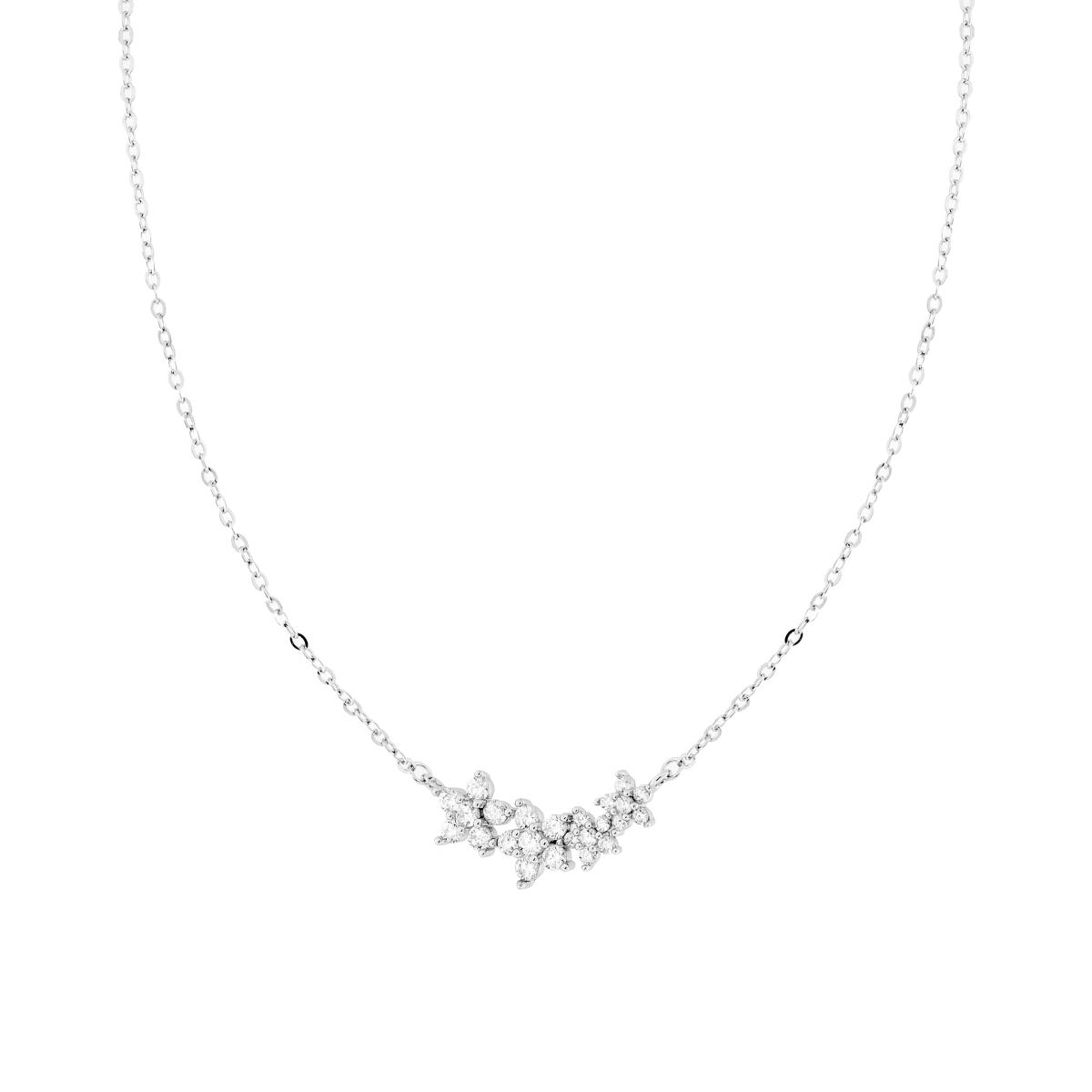 Collana Catena Forzatina Diamantata Fiori con Cubic Zirconia Bianchi in ARGENTO 925 Galvanica Rodio