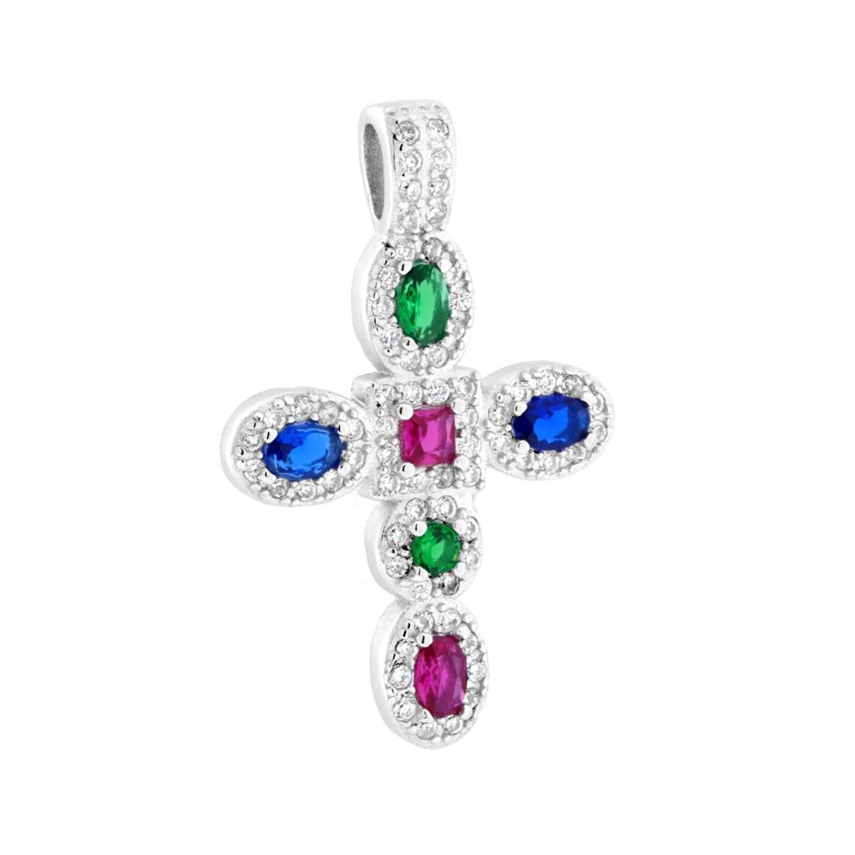 Ciondolo Croce con Cubic Zirconia Multicolor in ARGENTO 925 Galvanica Rodio