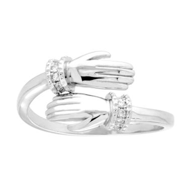 Anello Contrarie Abbraccio con Mani e Cubic Zirconia Bianchi in ARGENTO 925 Galvanica Rodio