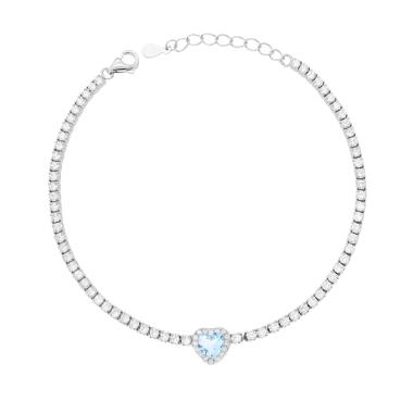 Bracciale Tennis Griffe cm 17+3 con Cubic Zirconia mm 2 Cuore centrale Acquamarina contornato da Cubic Zirconia Bianchi in RAME Galvanica Rodio
