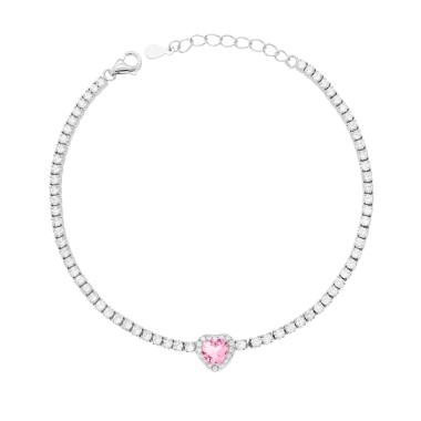 Bracciale Tennis Griffe cm 17+3 con Cubic Zirconia mm 2 Cuore centrale Rosa contornato da Cubic Zirconia Bianchi in RAME Galvanica Rodio