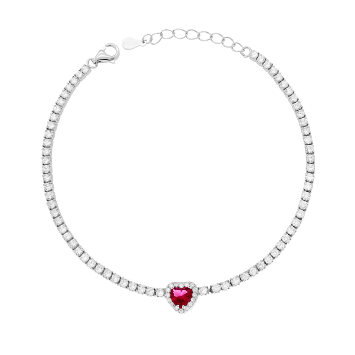 Bracciale Tennis Griffe cm 17+3 con Cubic Zirconia mm 2 Cuore centrale Rosso Rubino contornato da Cubic Zirconia Bianchi in RAME Galvanica Rodio