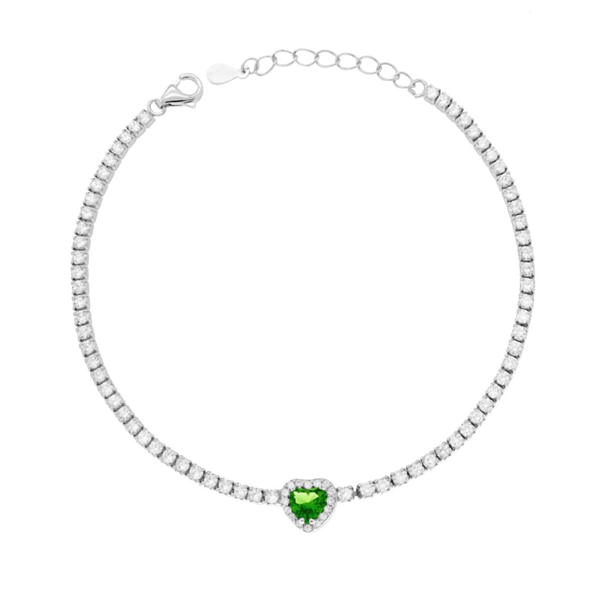 Bracciale Tennis Griffe cm 17+3 con Cubic Zirconia mm 2 Cuore centrale Verde Smeraldo contornato da Cubic Zirconia Bianchi in RAME Galvanica Rodio