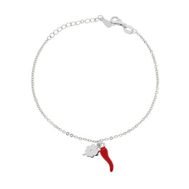 Bracciale Catena Forzatina Diamantata con Corno Rosso Quadrifoglio e Cubic Zirconia Bianco in RAME Galvanica Rodio