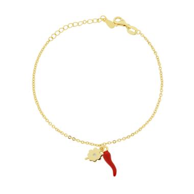 Bracciale Catena Forzatina Diamantata con Corno Rosso Quadrifoglio e Cubic Zirconia Bianco in RAME Galvanica Oro
