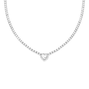 Collana Tennis con Cubic Zirconia Bianchi con Cuore centrale Bianco contornato da Cubic Zirconia Bianchi in RAME Galvanica Rodio