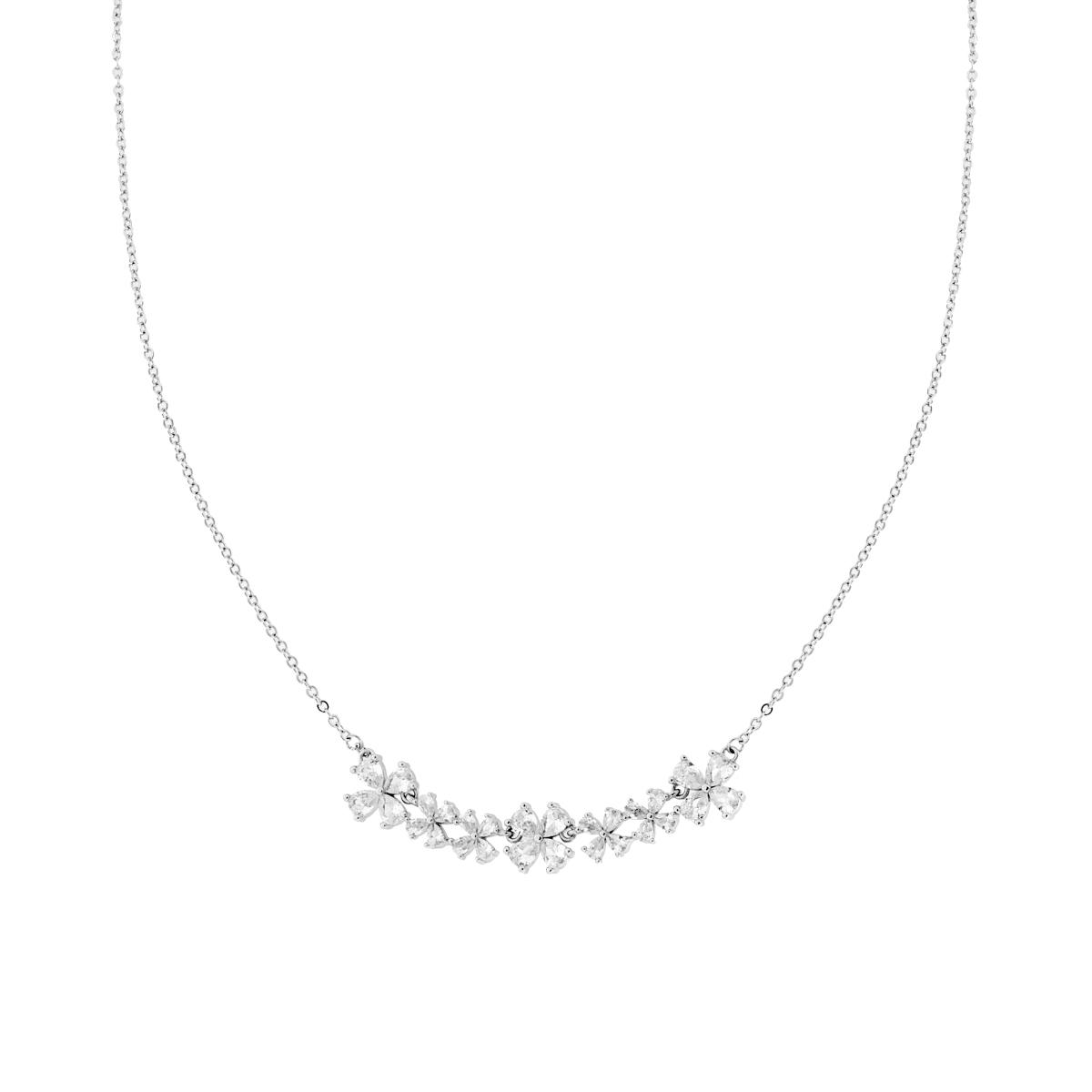 Collana Catena Forzatina Diamantata con centrale Fiori e Cubic Zirconia Bianchi in RAME Galvanica Rodio