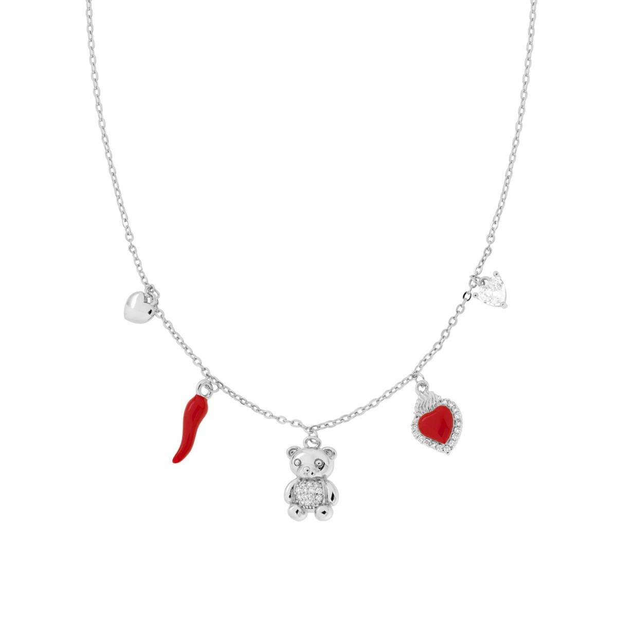 Collana Catena Forzatina Diamantata e Charms Portafortuna con Smalto Rosso e Cubic Zirconia Bianchi in RAME Galvanica Rodio
