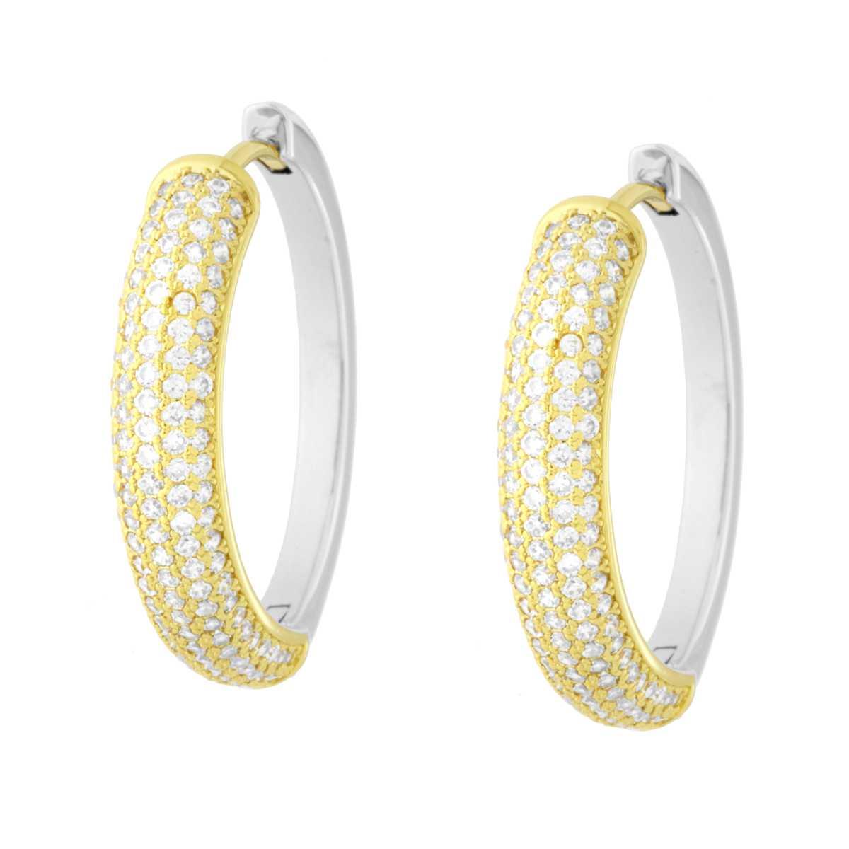 Orecchini Cerchio Creola mm 25 con Cubic Zirconia Bianchi in RAME Galvanica Rodio e Oro