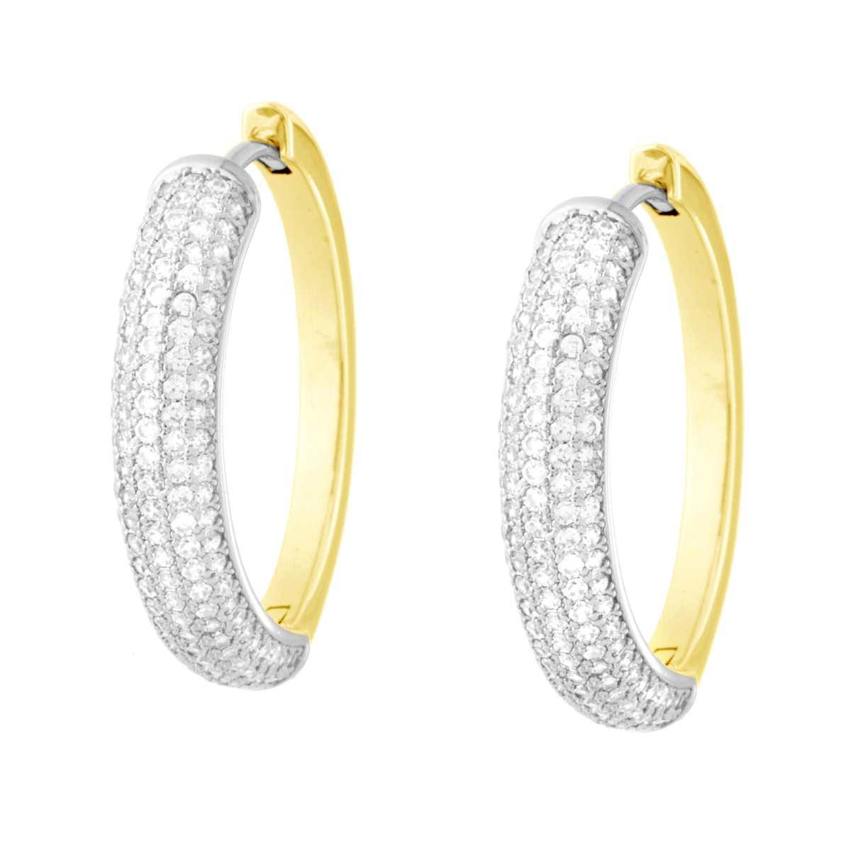 Orecchini Cerchio Creola mm 25 con Cubic Zirconia Bianchi in RAME Galvanica Rodio e Oro