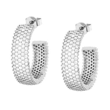 Orecchini Cerchio Fascia mm 24 con Cubic Zirconia Bianchi in RAME Galvanica Rodio