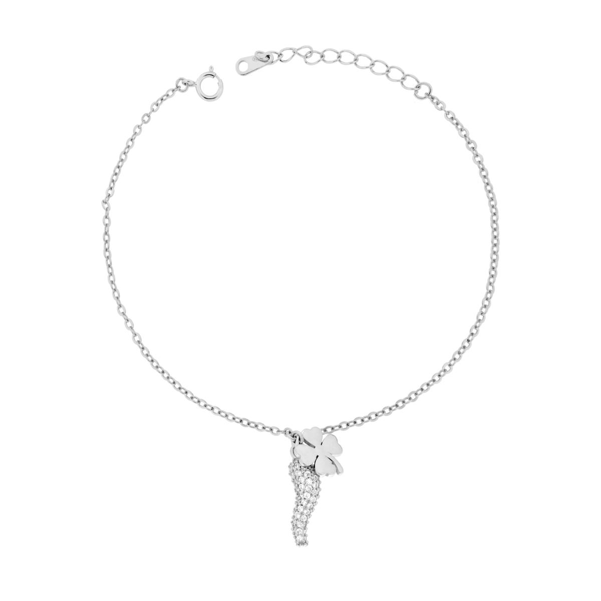 Bracciale Catena Forzatina Diamantata con Corno e Quadrifoglio pendenti con Cubic Zirconia Bianchi in ARGENTO 925 Galvanica Rodio