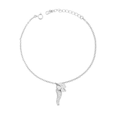 Bracciale Catena Forzatina Diamantata con Corno e Quadrifoglio pendenti con Cubic Zirconia Bianchi in ARGENTO 925 Galvanica Rodio