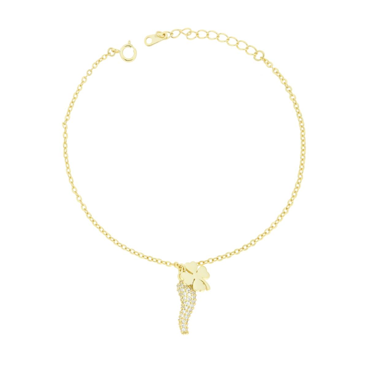 Bracciale Catena Forzatina Diamantata con Corno e Quadrifoglio pendenti con Cubic Zirconia Bianchi in ARGENTO 925 Galvanica Oro