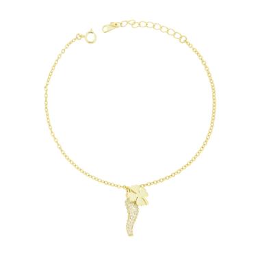 Bracciale Catena Forzatina Diamantata con Corno e Quadrifoglio pendenti con Cubic Zirconia Bianchi in ARGENTO 925 Galvanica Oro