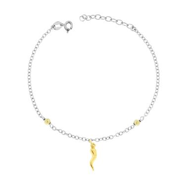 Bracciale Catena Forzatina con Palline Slash e con Corno in ARGENTO 925 Galvanica Rodio e Oro