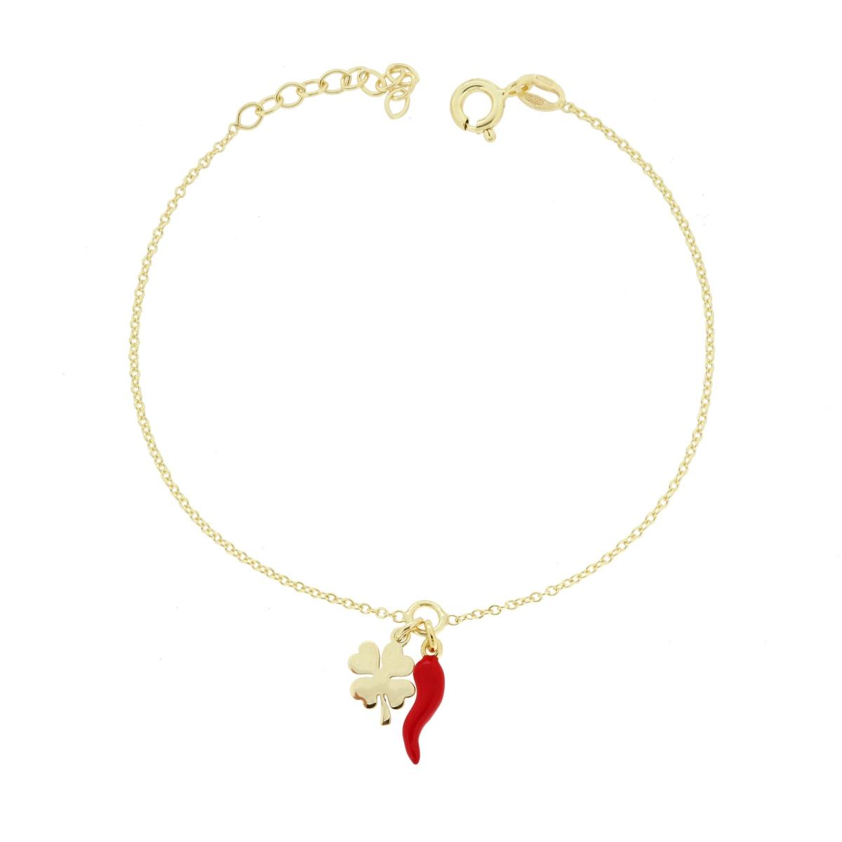 Bracciale Catena Forzatina Diamantata con Quadrifoglio e Corno con Smalto Rosso in ARGENTO 925 Galvanica Oro