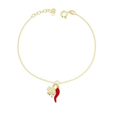 Bracciale Catena Forzatina Diamantata con Quadrifoglio e Corno con Smalto Rosso in ARGENTO 925 Galvanica Oro