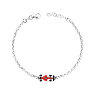 Bracciale Bimbo Bimba con Catena Rolo e Automobile Formula 1 con smalto Nero e Rosso in ARGENTO 925 Galvanica Rodio
