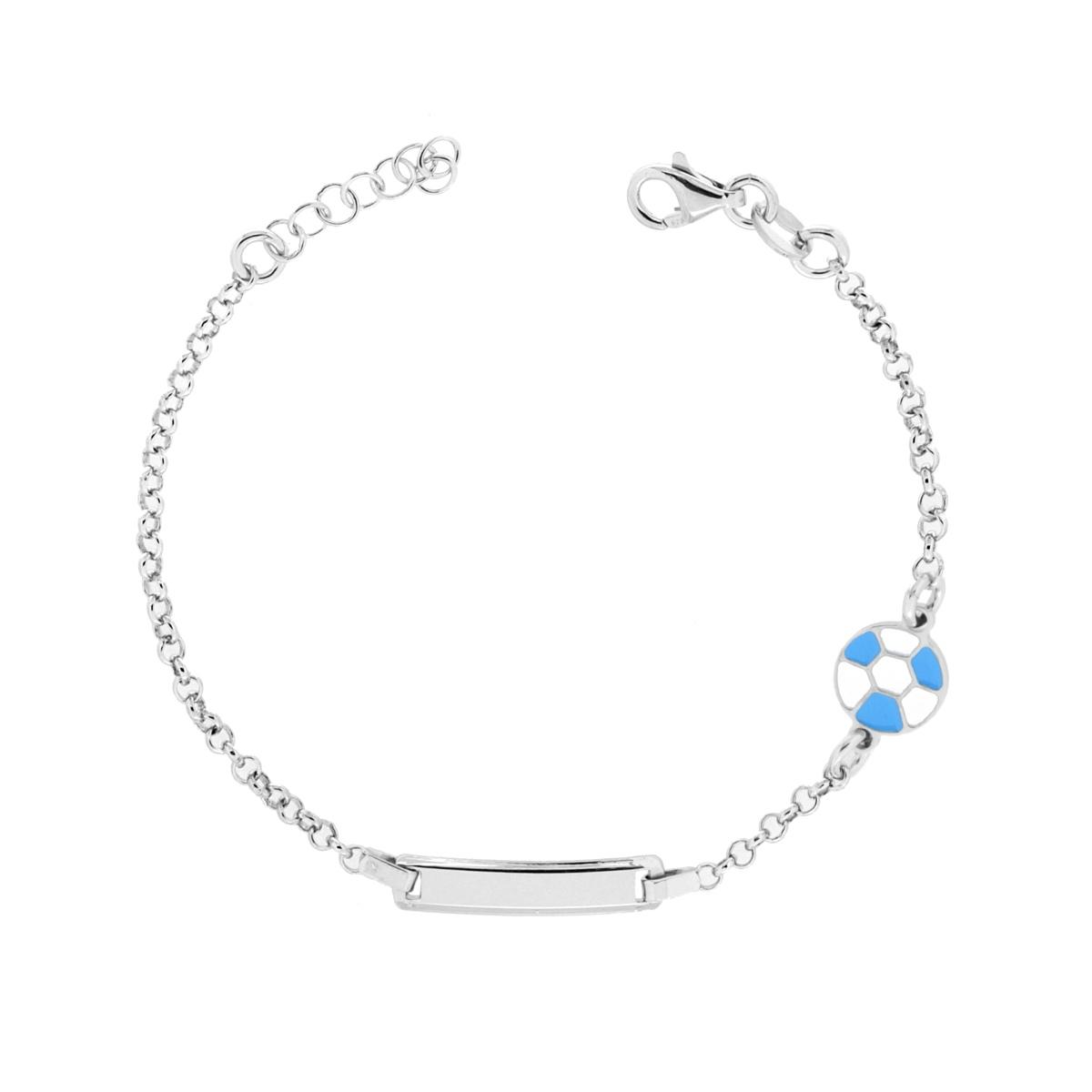 Bracciale Bimbo Bimba Catena Rolo con Targa Rettangolare e Palla Calcio con Smalto Bianco e Azzurro in ARGENTO 925 Galvanica Rodio