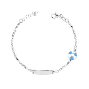 Bracciale Bimbo Bimba Catena Rolo con Targa Rettangolare e Palla Calcio con Smalto Bianco e Azzurro in ARGENTO 925 Galvanica Rodio