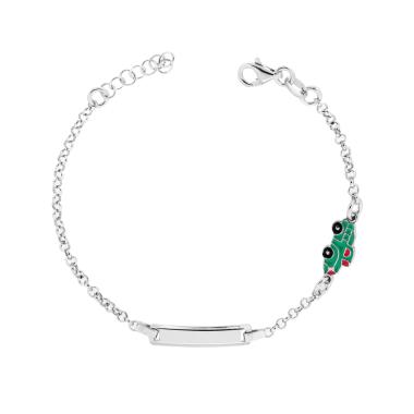 Bracciale Bimbo Bimba Catena Rolo con Targa Rettangolare e Camioncino con Smalto Verde in ARGENTO 925 Galvanica Rodio
