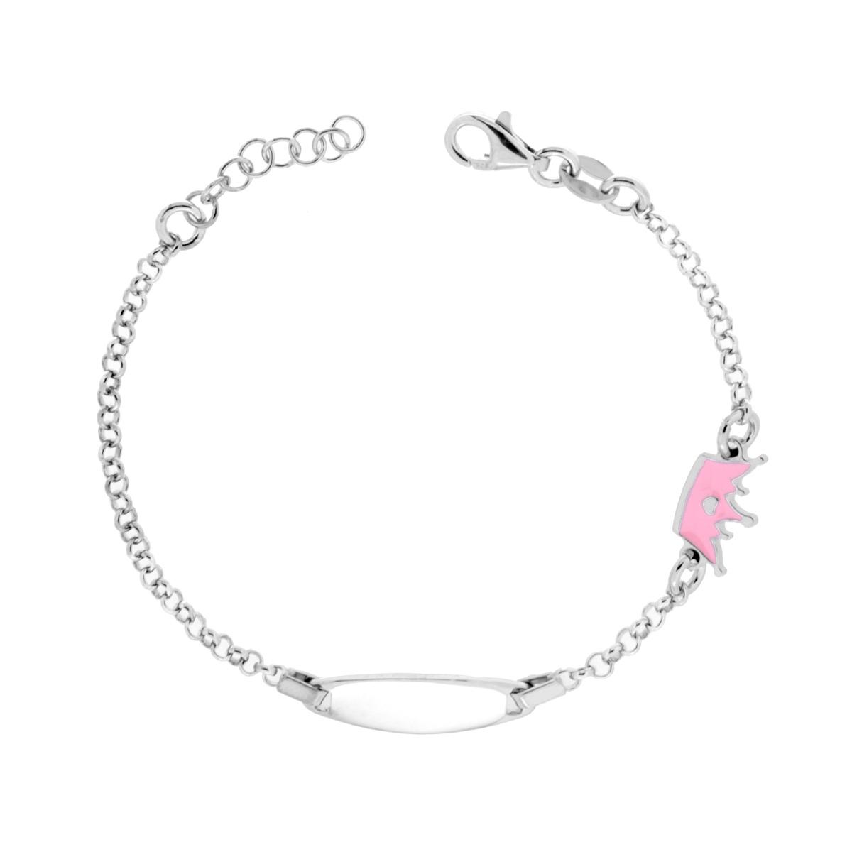 Bracciale Bimbo Bimba Catena Rolo con Targa Ovale e Corona con Smalto Rosa in ARGENTO 925 Galvanica Rodio