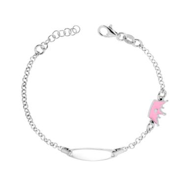 Bracciale Bimbo Bimba Catena Rolo con Targa Ovale e Corona con Smalto Rosa in ARGENTO 925 Galvanica Rodio