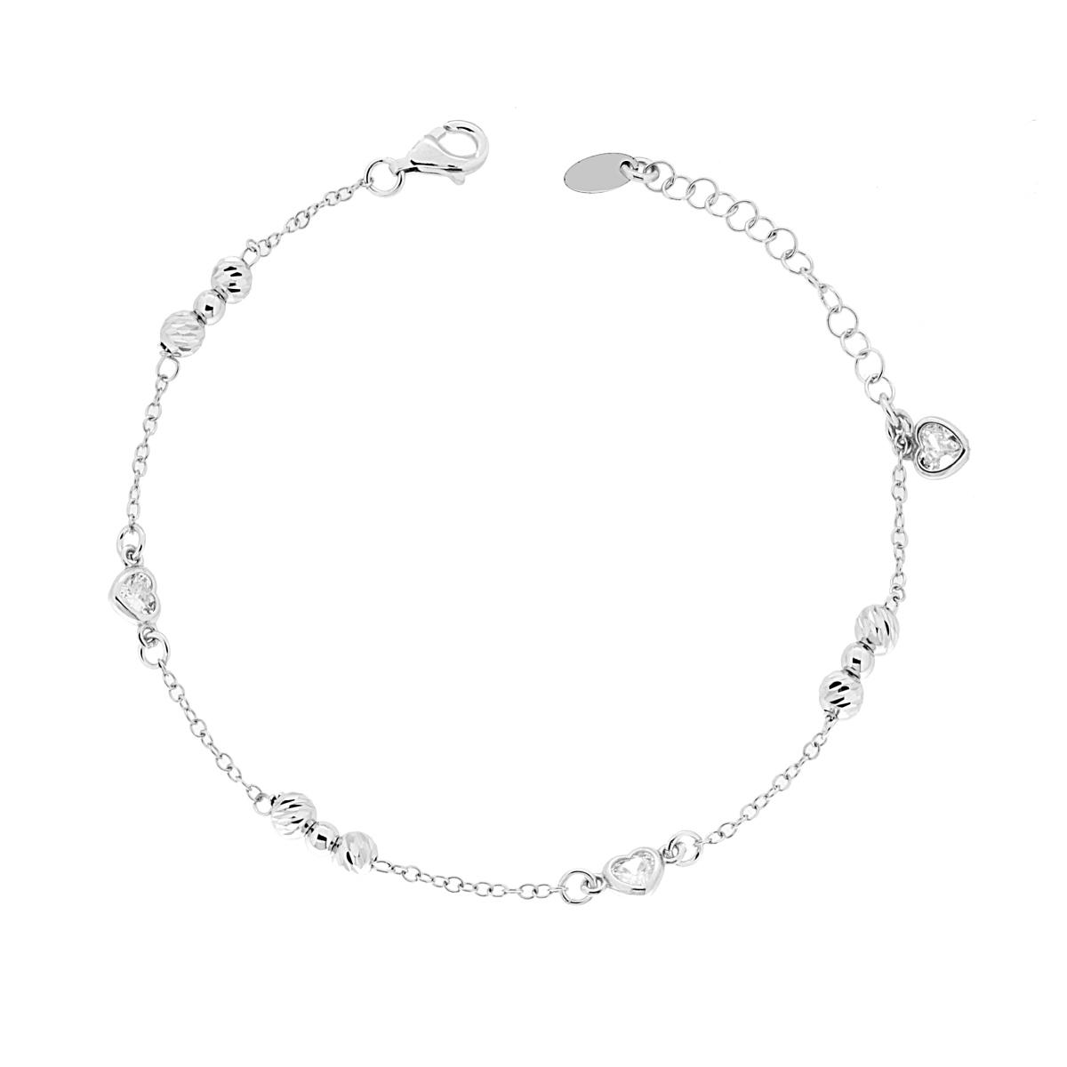 Bracciale Catena Forzatina con Cuori Cubic Zirconia Bianchi e Palline Slash in ARGENTO 925 Galvanica Rodio