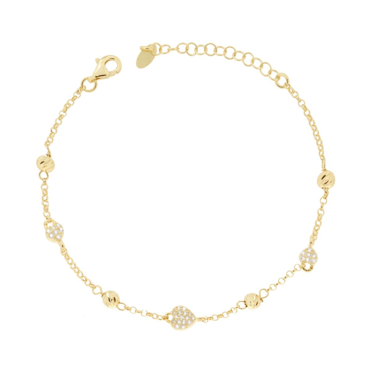 Bracciale Catena Forzatina Diamantata con Cuori Cubic Zirconia Bianchi e Palline Slash in ARGENTO 925 Galvanica Oro