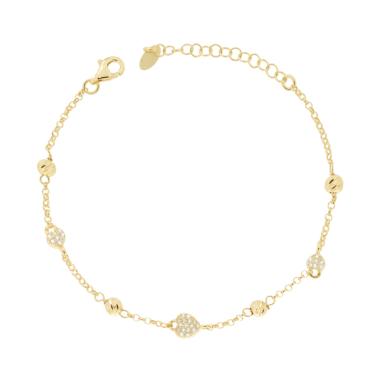 Bracciale Catena Forzatina Diamantata con Cuori Cubic Zirconia Bianchi e Palline Slash in ARGENTO 925 Galvanica Oro