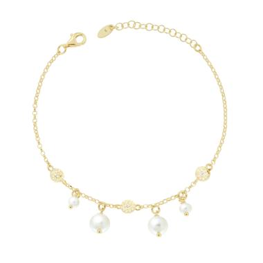 Bracciale Catena Forzatina Diamantata con Perle in Vetro Perlato e Cubic Zirconia Bianchi in ARGENTO 925 Galvanica Oro