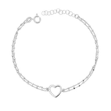 Bracciale due fili Catena con Cubetti Diamantati e Cuore con Cubic Zirconia Bianchi in ARGENTO 925 Galvanica Rodio