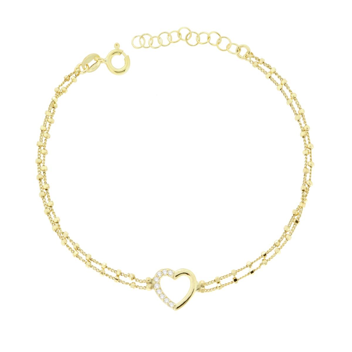 Bracciale due fili Catena con Cubetti Diamantati e Cuore con Cubic Zirconia Bianchi in ARGENTO 925 Galvanica Oro
