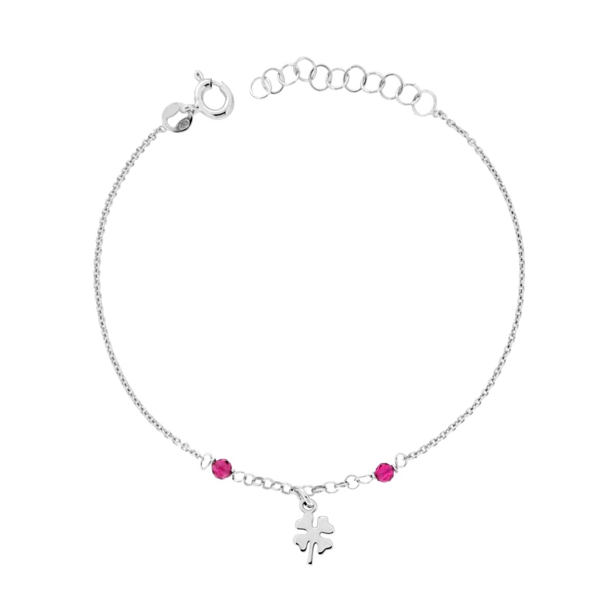 Bracciale Catena Forzatina Diamantata con Quadrifoglio e Crystal Rosso Rubino in ARGENTO 925 Galvanica Rodio