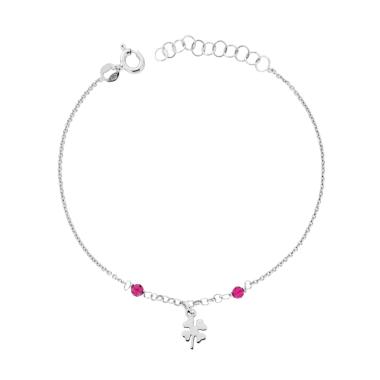 Bracciale Catena Forzatina Diamantata con Quadrifoglio e Crystal Rosso Rubino in ARGENTO 925 Galvanica Rodio