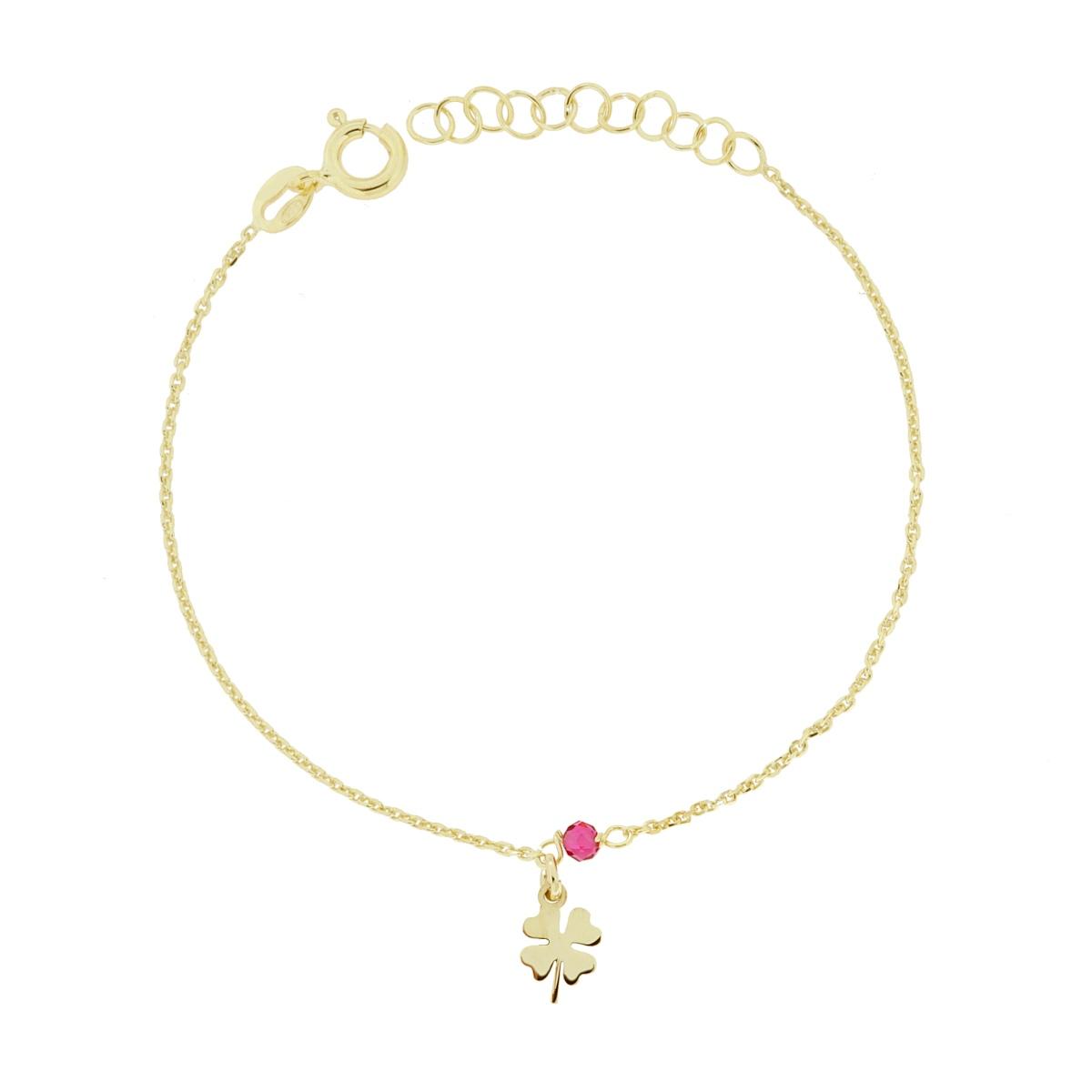 Bracciale Catena Forzatina Diamantata con Quadrifoglio e Crystal Rosso Rubino in ARGENTO 925 Galvanica Oro