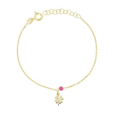 Bracciale Catena Forzatina Diamantata con Quadrifoglio e Crystal Rosso Rubino in ARGENTO 925 Galvanica Oro