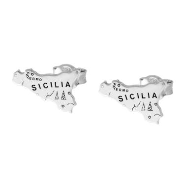 Orecchini con sagoma plain a forma di Sicilia mm 8x12 con incisione Decorativa in ARGENTO 925 Galvanica Rodio