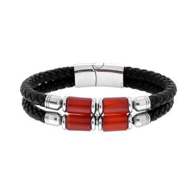 Bracciale due fili in Ecopelle intrecciata Nero con Pietre Cilindro colore Rosso Corniola in ACCIAIO