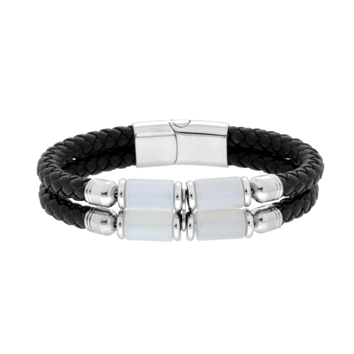 Bracciale due fili in Ecopelle intrecciata Nero con Pietre Cilindro colore Giada Bianca in ACCIAIO