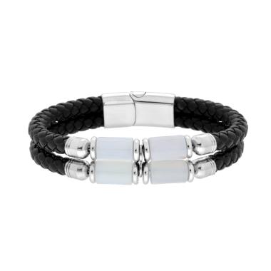 Bracciale due fili in Ecopelle intrecciata Nero con Pietre Cilindro colore Giada Bianca in ACCIAIO