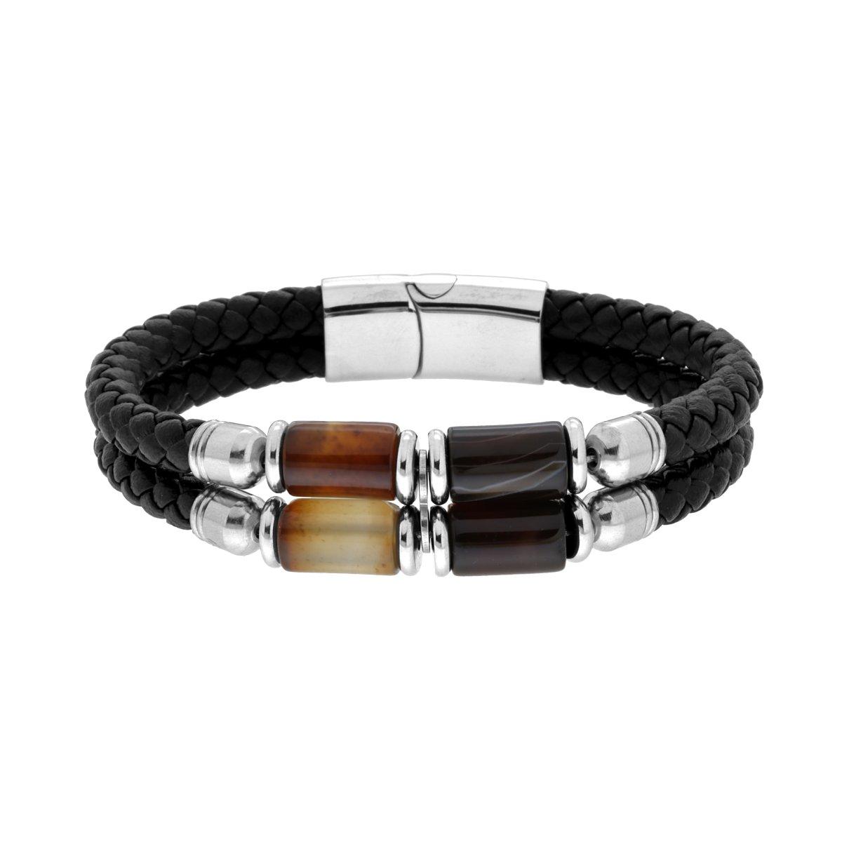Bracciale due fili in Ecopelle intrecciata Nero con Pietre Cilindro colore Agata Marrone in ACCIAIO