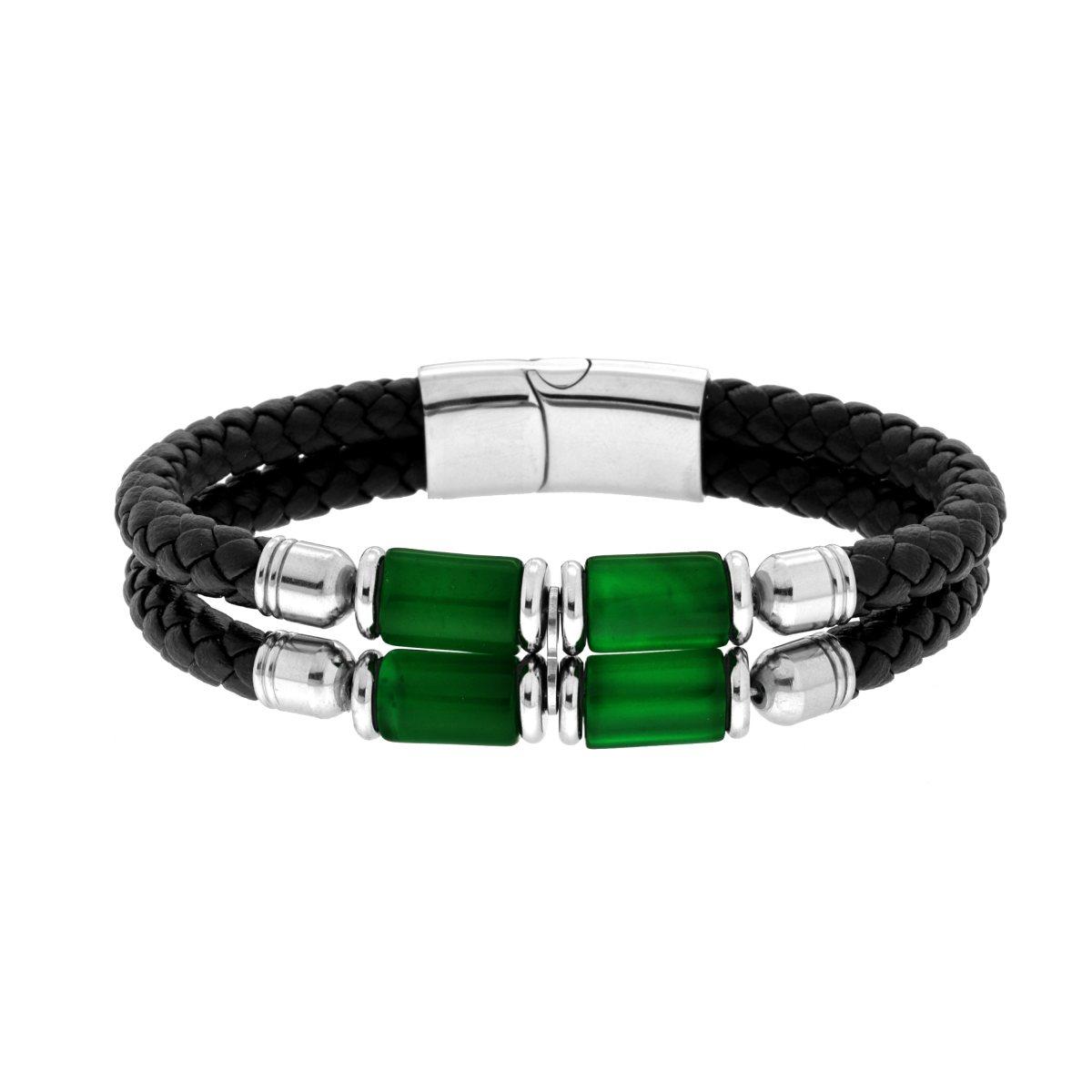 Bracciale due fili in Ecopelle intrecciata Nero con Pietre Cilindro colore Giada Verde in ACCIAIO