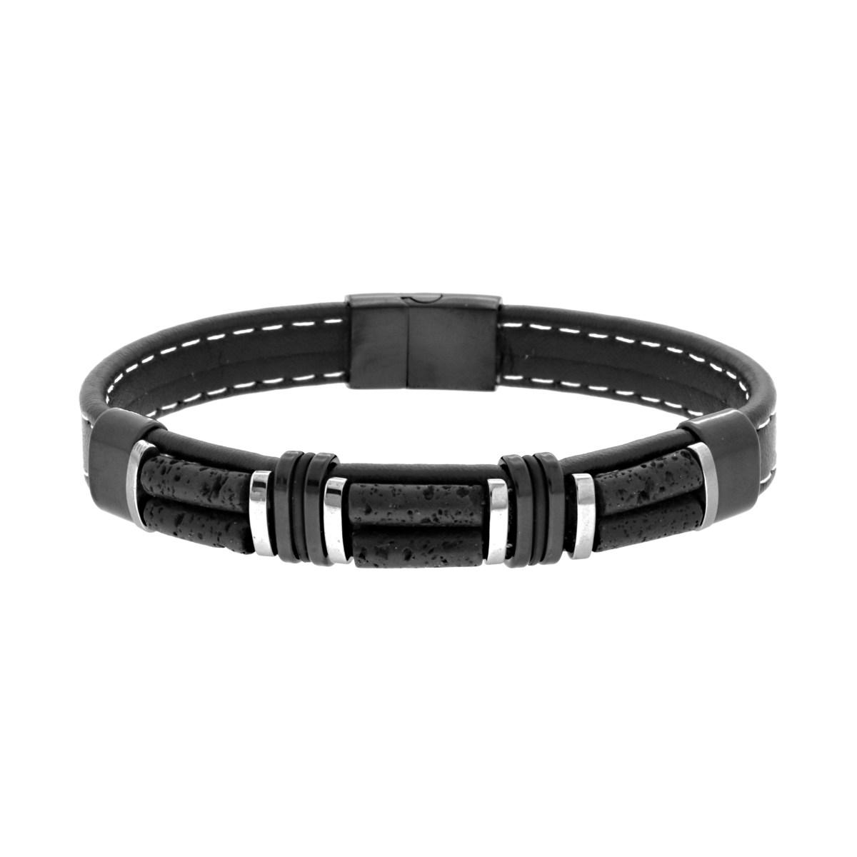 Bracciale in Ecopelle Nero con Pietre Cilindro colore Nero Pietra Lavica in ACCIAIO