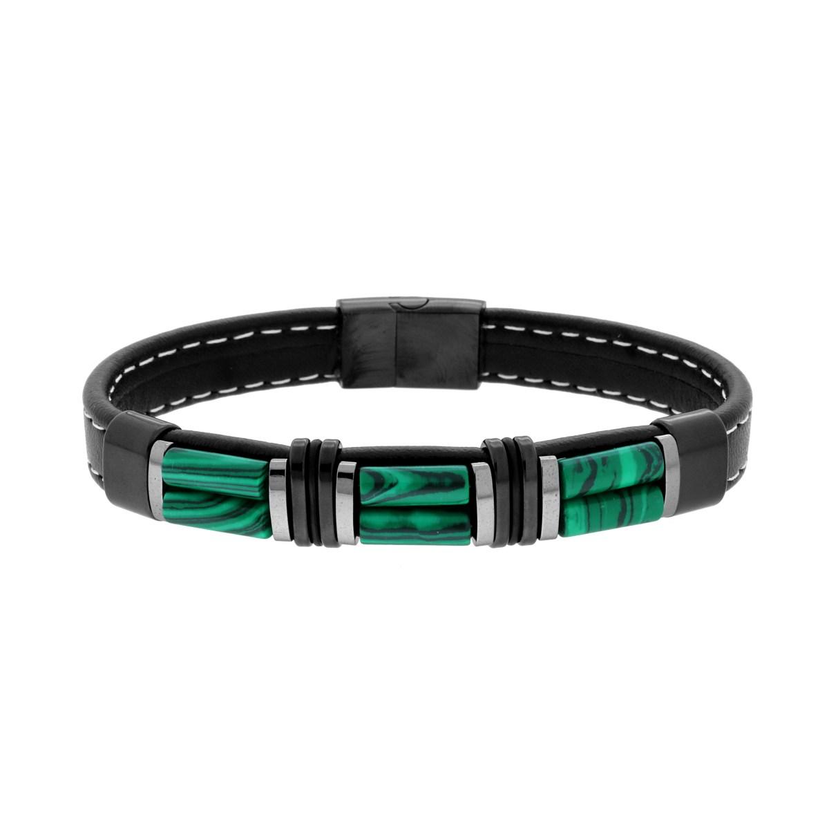 Bracciale in Ecopelle Nero con Pietre Cilindro colore Verde Malachite in ACCIAIO