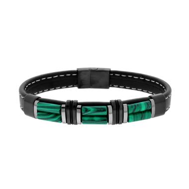 Bracciale in Ecopelle Nero con Pietre Cilindro colore Verde Malachite in ACCIAIO