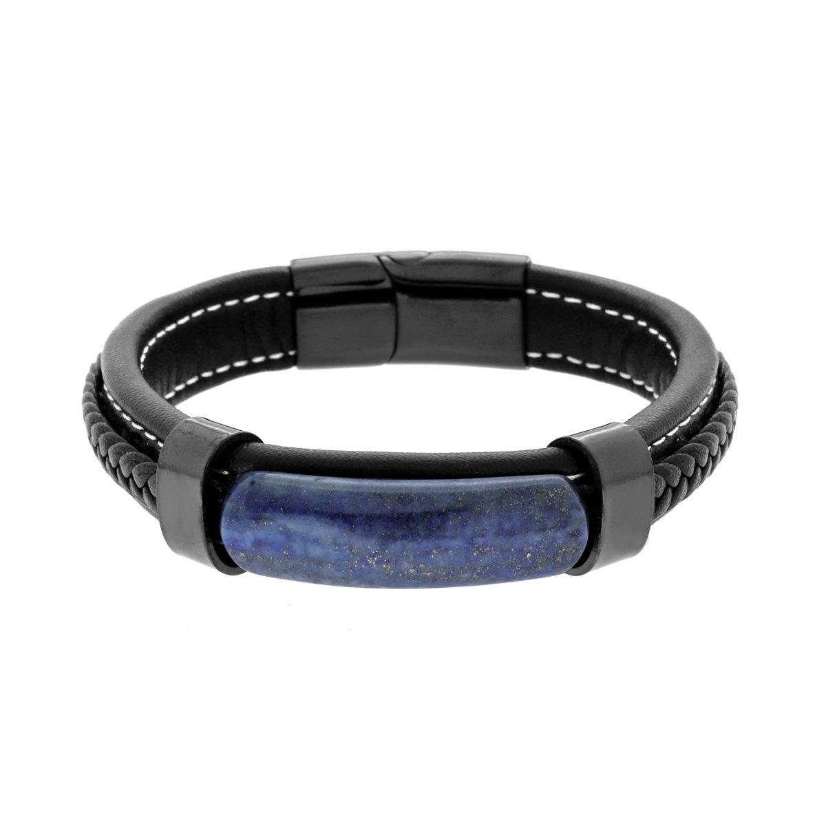 Bracciale in Ecopelle Nero con inserto in Pietra colore Blu Lapislazzuli in ACCIAIO