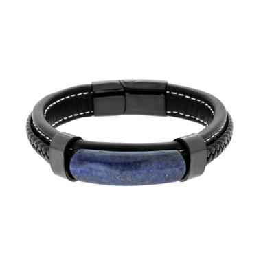 Bracciale in Ecopelle Nero con inserto in Pietra colore Blu Lapislazzuli in ACCIAIO